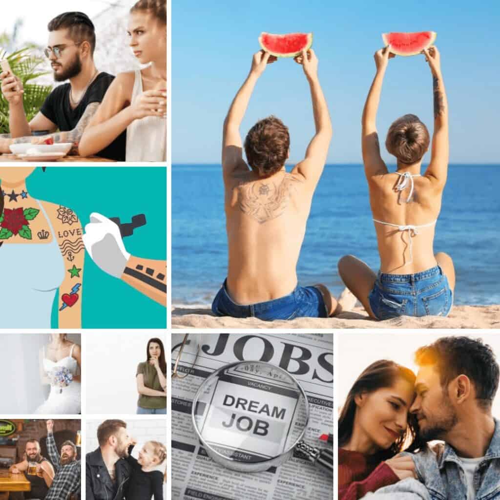 A vibrant collage showcasing various scenes, including a tattoo, a couple at the beach, and lifestyle moments, perfect for a blog.