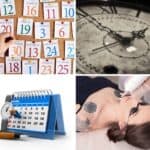 Image in 4 parts showing two calendars, a clock and a woman getting laser tattoo removal