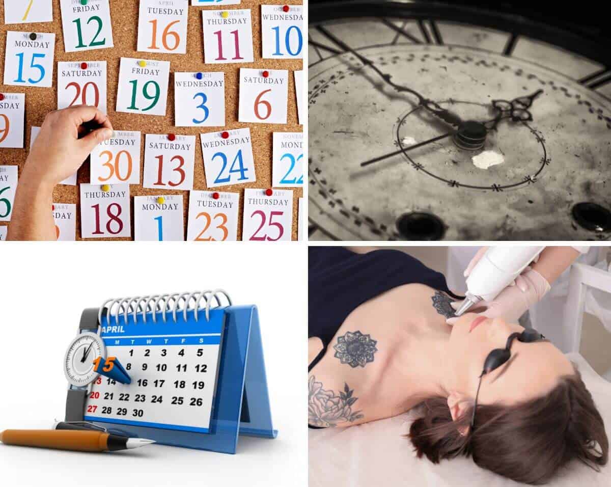 Image in 4 parts showing two calendars, a clock and a woman getting laser tattoo removal