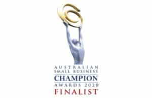 Showing the Australian Small Business Champion Awards 2020 Finalist logo with a silver figure raising a gold emblem.