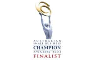 Showing the Australian Small Business Champion Awards 2023 Finalist logo with a silver figure lifting a gold emblem.