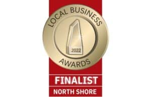 Showing the Local Business Awards 2022 Finalist badge for North Shore with a gold award medallion on a red ribbon.