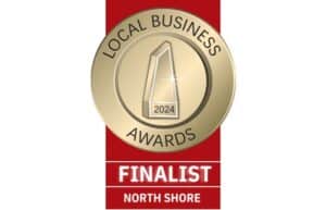 Showing the Local Business Awards 2024 Finalist badge for North Shore with a gold award medallion on a red ribbon.
