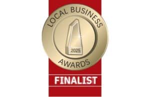 Showing the Local Business Awards 2025 Finalist badge with a gold award medallion on a red ribbon.